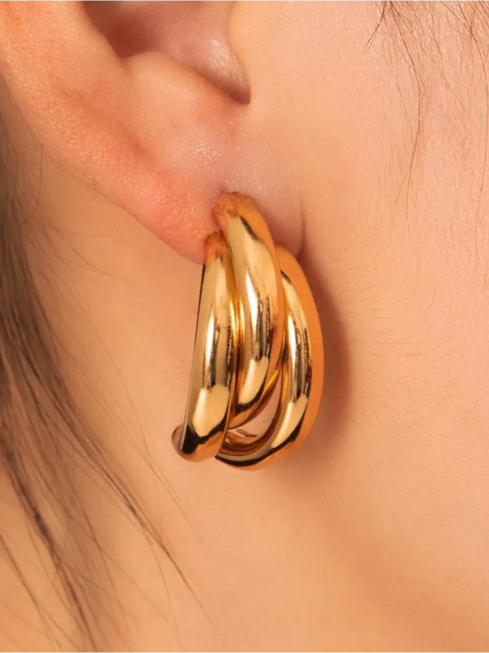 18k Gold chunky Triple Hoop Earrings - Women Jewelry